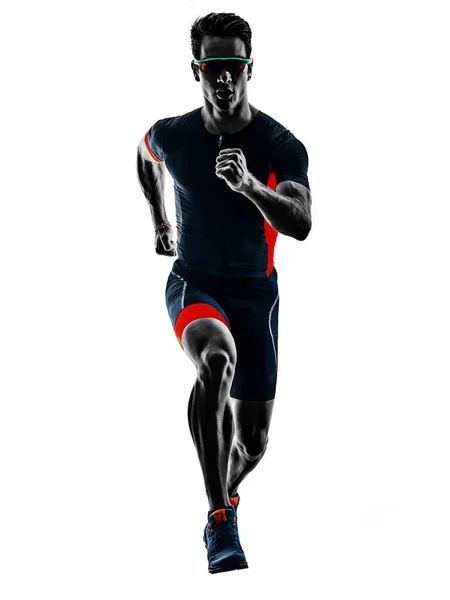 Triathlet Triathlonläufer läuft Silhouette isoliert weißen Hintergrund — Stockfoto