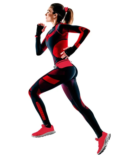 Nő futó futó kocogó kocogó kezeslábas elszigetelt fehér háttér — Stock Fotó