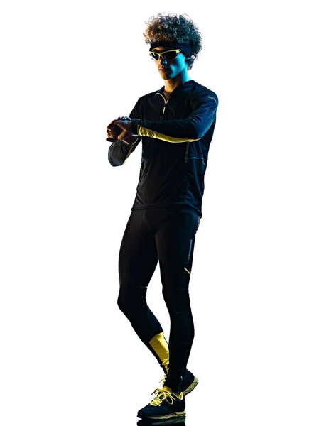 Youg löpare joggare kör jogging man silhuett isolerad vit bakgrund Royaltyfria Stockbilder