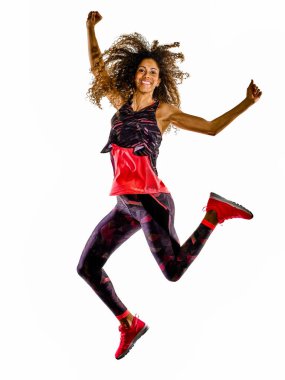 Kardiyo dansçısı kadın fitness egzersizleri izole edilmiş beyaz arka plan