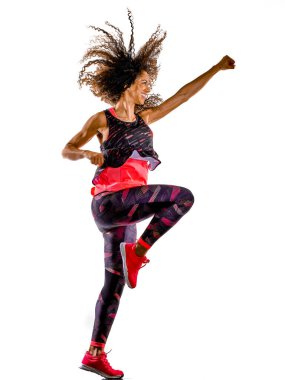 Kardiyo dansçısı kadın fitness egzersizleri izole edilmiş beyaz arka plan