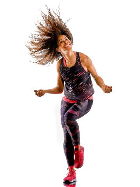 Kardiyo dansçısı kadın fitness egzersizleri izole edilmiş beyaz arka plan