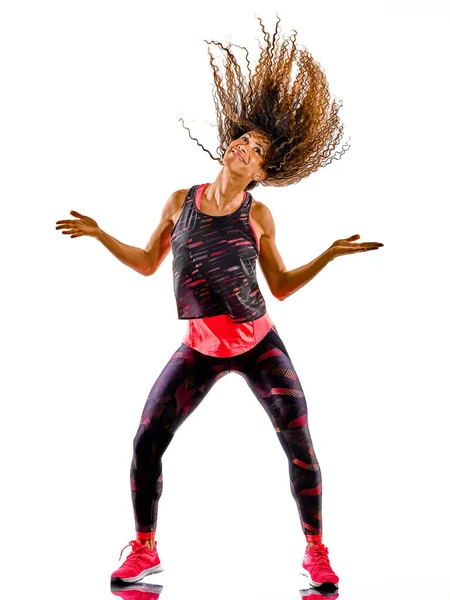 Kvinna cardio dansare dans fitness övningar isolerad vit bakgrund — Stockfoto