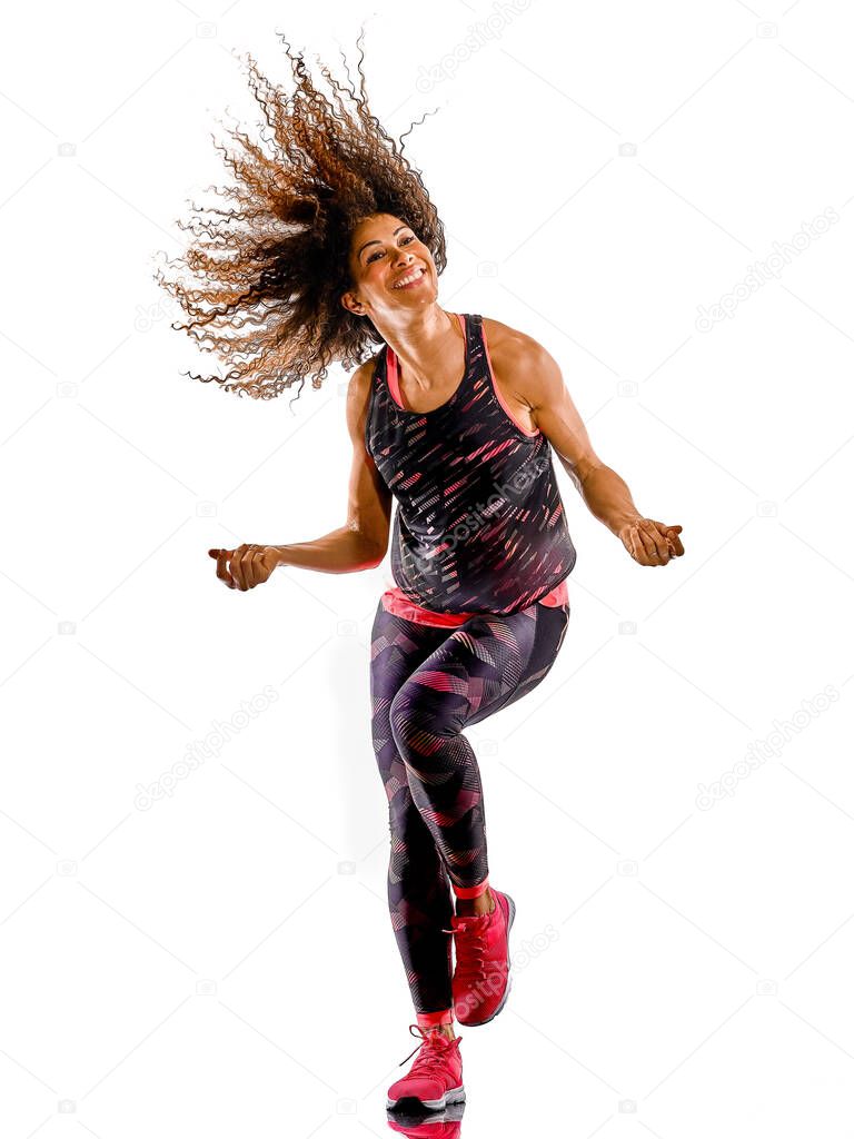 woman cardio dancer dancing fitness fitness exercises isolated white background