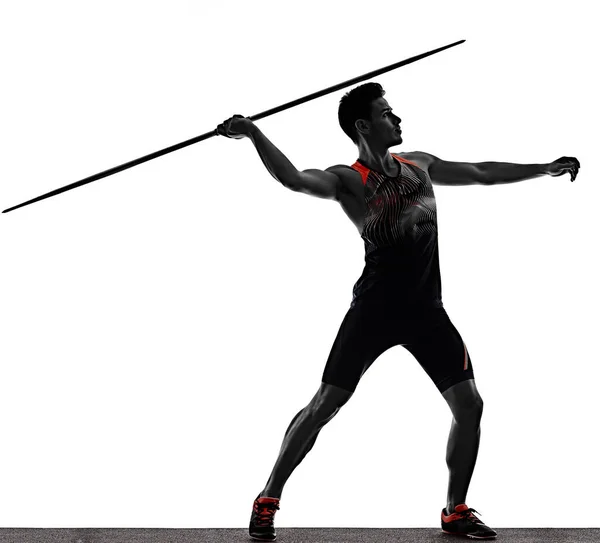 Fiatal férfi atlétika Javelin sportoló elszigetelt fehér háttér — Stock Fotó