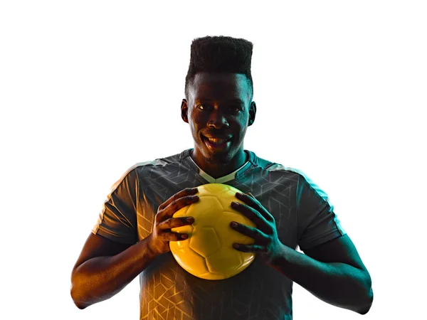 Young african soccer player man isolated white background silhouette shadow — Stock Photo, Image