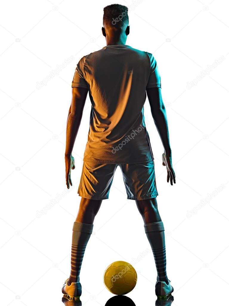 young african soccer player man isolated white background silhouette shadow