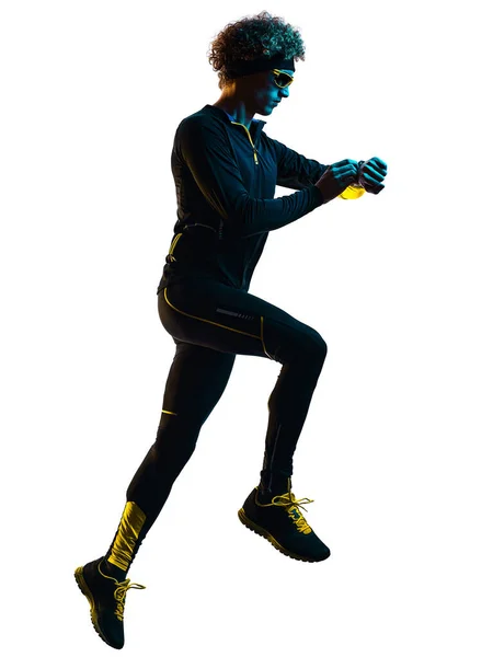 Youg runner jogger hardlopen joggen man silhouet geïsoleerde witte achtergrond — Stockfoto