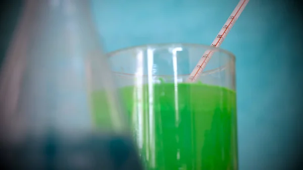 Flasks Test Tubes Test Different Compositions Green Background — Stock Photo, Image