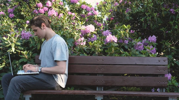 Joven Guapo Adolescente Está Sentado Banco Parque Leyendo Libro Concepto —  Fotos de Stock