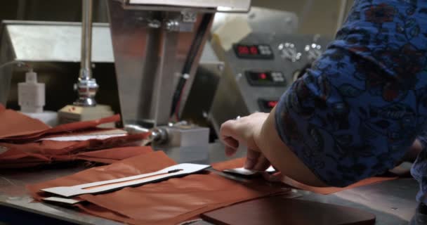 女裁缝的手缝制与专业的机器 红色织物使用两侧的材料 — 图库视频影像
