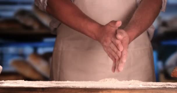 パン屋では 焼きたてのパン屋がパン 小麦粉 に砂糖粉 小麦粉 を粉コランダー 振りかけます コンセプト 焼きたてのパン 自家製 — ストック動画
