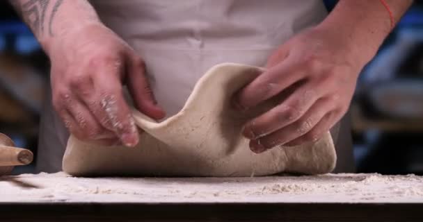 Nel Panificio Panettiere Dopo Aver Cotto Pane Fresco Spruzza Zucchero — Video Stock