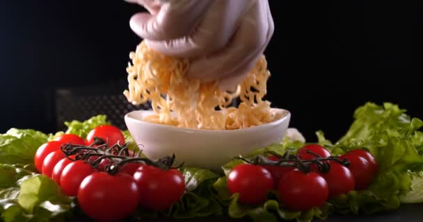 Chef White Gloves Prepared Sea Dish Salad Decorates Shrimps Rubbing — Stock Video