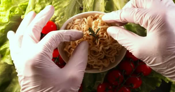 Chef White Gloves Prepared Sea Dish Salad Decorates Shrimps Rubbing — Stock Video