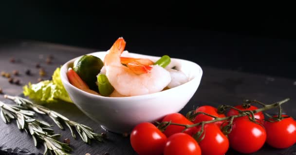 Chef White Gloves Prepared Sea Dish Salad Decorates Shrimps Rubbing — Stock Video