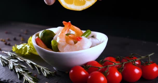 Chef White Gloves Prepared Sea Dish Salad Decorates Shrimps Rubbing — Stock Video