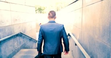 Genç yakışıklı adam (adam) işadamı ayakta (oturan) bir takım elbiseli bir ağacın yanında. Elinde siyah bir çantayla merdivenleri tırmanıyor. Konsept: iş, takım elbise, adam, adam, çanta, işadamı.