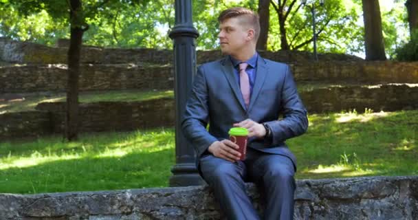 Genç Yakışıklı Adam Adam Işadamı Ayakta Oturan Bir Takım Elbiseli — Stok video