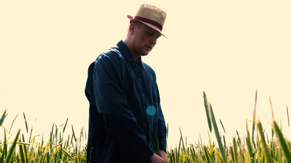 Portrait Young Guy Man Working Uniform Straw Hat Middle Field — Stock Photo, Image