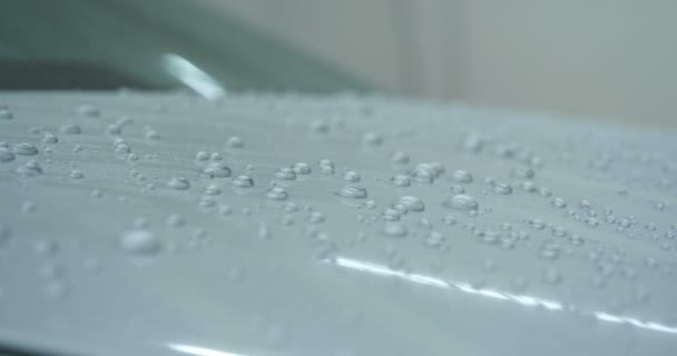 在专业的洗车场中 洗车大师用破布清洗一块完全白布 洗涤后 你可以看到水滴是如何流动的 — 图库视频影像