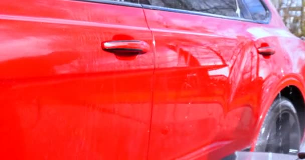 プロの労働者は洗車の後に傷のために車をチェックし ポリッシュし 赤い車の上にそれをきれいにします コンセプト マニュアルカーウォッシュ レッド — ストック動画