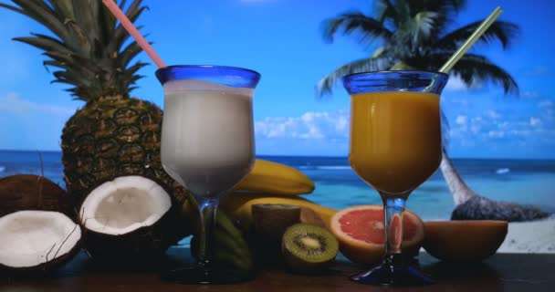椰子饮料在沙滩上 暑假在沙滩上 椰子饮料放松休息度假海滩沙滩沙滩 — 图库视频影像