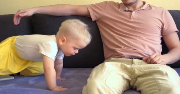 Young Father Child Playing Jumping Happy Watching Cartoons Holding Hands — Stock Video