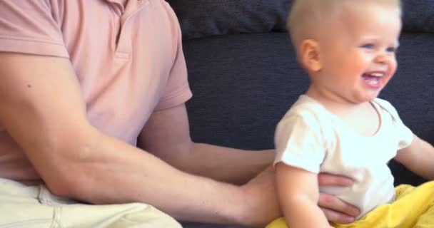 Young Father Child Playing Jumping Happy Watching Cartoons Holding Hands — Stock Video