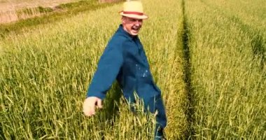 Genç bir adam (adam), çalışan bir üniformalı bir çiftçi, bir alanda duruyor ve derin berbat, güneşli bir günde özgürlük hissi. Kavramı: özgürlük, nefes, yaşam tarzı, çiftçi, cennet, yavaş hareket, alanlar.