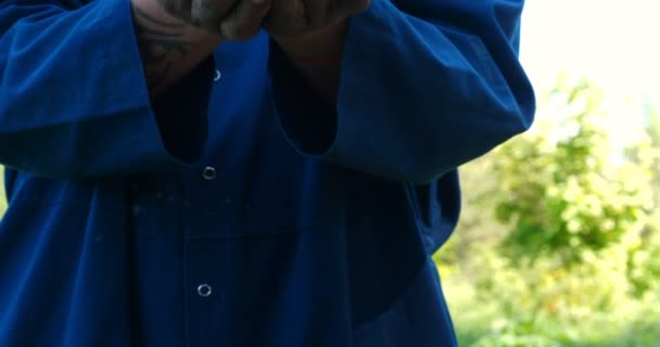 Портрет Парня Фермер Соломенной Шляпе Халате Рубашке Выкапывает Картошку Земли — стоковое видео