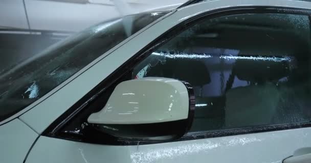 専門家は スポンジと泡で 黒い手袋で車を洗浄します コンセプト スポンジ — ストック動画