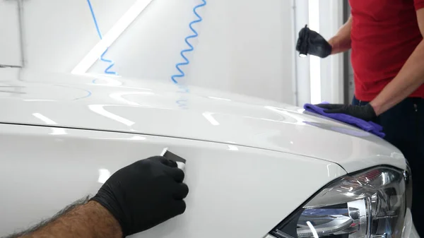 The professional worker holds a white sponge in his hand, applies liquid, auto repair shop, car washing, checks a car with a flashlight after polishing and painting in a car garage.