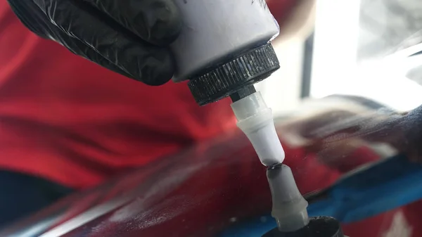 The professional worker holds a white sponge in his hand, applies liquid, auto repair shop, car washing, checks a car with a flashlight after polishing and painting in a car garage.