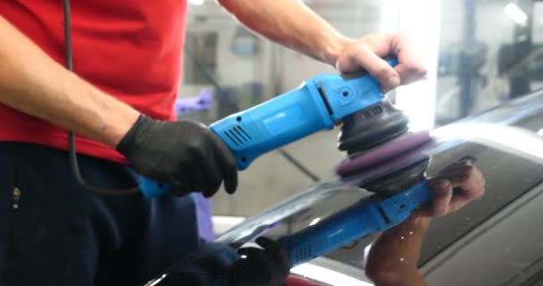 Professional Bodywork Headlamp Polishing Worker Transport Car Painting Preparing Sale — Stock Video