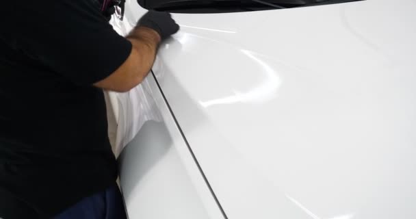 Professional Worker Holds White Sponge His Hand Applies Liquid Auto — Stock Video