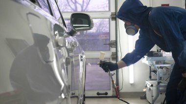 Elinde sprey tabancaları ile çalışan üniforma lı profesyonel ve koruyucu gözlüklü bir solunum cihazı arabanın farklı yerlerine boya (seramik) koyar, elinde bir klasör ile el feneri servis edilebilirlik için bir araba motoru kontrol eder. Kavram 