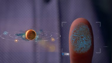 Parmak izi olan bir holograma erişen kişi. Parmak izi kimliğinin bulunmasıyla birlikte kişisel bir veritabanının modern hologramına erişim. Konsept: Bilim, Araba, Hologram, Virüsler, Dna.
