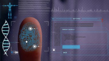 Parmak izi olan bir holograma erişen kişi. Parmak izi kimliğinin bulunmasıyla birlikte kişisel bir veritabanının modern hologramına erişim. Konsept: Bilim, Araba, Hologram, Virüsler, Dna.