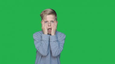 Chromakey arka planda, Genç bir adam (Çocuk) farklı duygular gösterir. Kavramı: yeşil arka plan, Chroma anahtar, gerçek duygular, avcı, like, moda, sarışın.