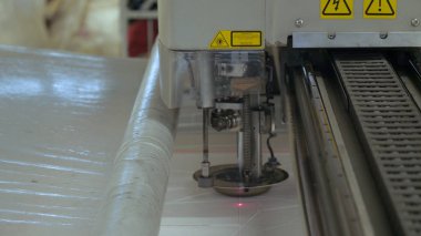 Endüstriyel konfeksiyon fabrikası, özel bir Lazer Kesme Kumaş bazı tekstil parçaları keser. Kavramı: Lazer makinesi, Haçlar, Bir fabrikada çalışma, Otomatik kesim.