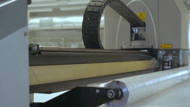 Endüstriyel konfeksiyon fabrikası, özel bir Lazer Kesme Kumaş bazı tekstil parçaları keser. Kavramı: Lazer makinesi, Haçlar, Bir fabrikada çalışma, Otomatik kesim.