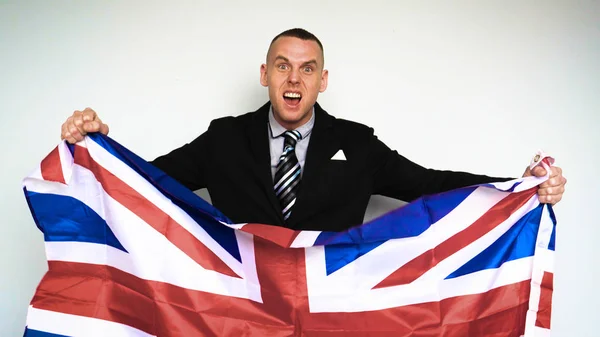 Fan United Kingdom Great Britain Englishman Emotions Holding Flag His — Stock Photo, Image
