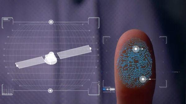 Person accessing a hologram with a fingerprint. Man, access to a modern hologram of a personal database with the discovery of fingerprint identification. Concept: Science, Car, Hologram, Viruses, DNA.