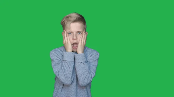 Bakgrunden Chromakey Ung Kille Pojke Visar Olika Känslor Begreppet Grön — Stockfoto