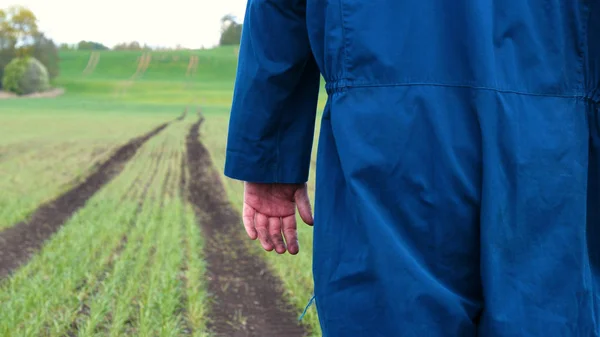 Campesino Con Uniforme Trabajo Camina Través Campo Con Botas Goma — Foto de Stock