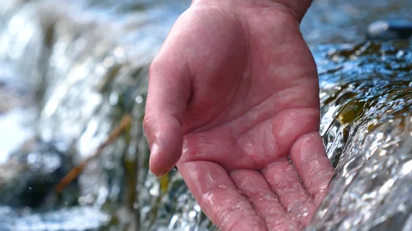 Man Holds His Hand Washes His Hands Fountain Water Clearing — Stock Photo, Image