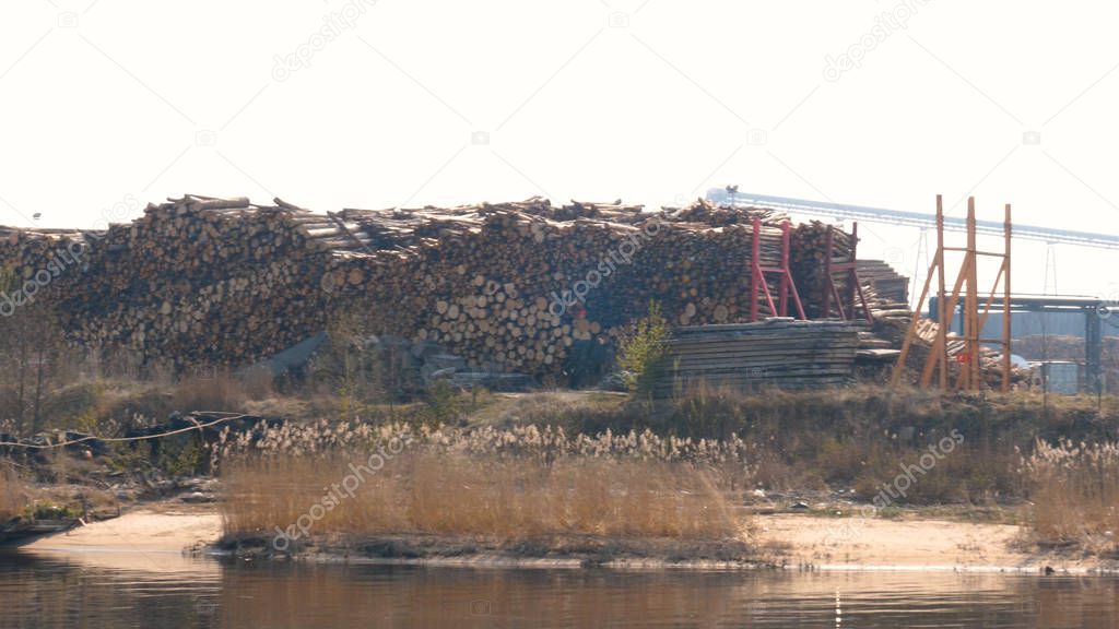 In an industrial sawmill, a log loader overloads (unloads) logs from a mountain into a wagon. Concept of: Nature Background, Slow Motion, Work, Log Mountains, Bucket Loader.