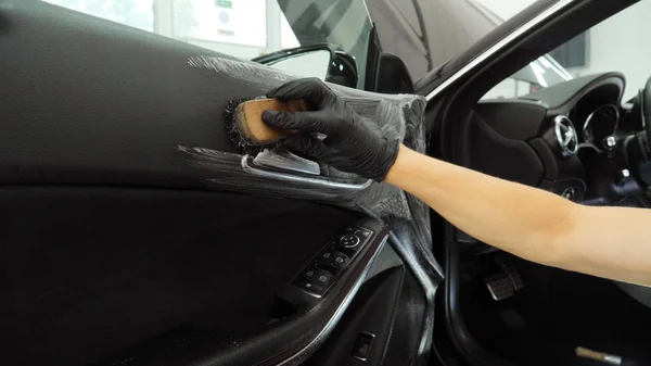 Handsome Young Guy Man Doing Professional Dry Cleaning Salon Car — Stock Photo, Image