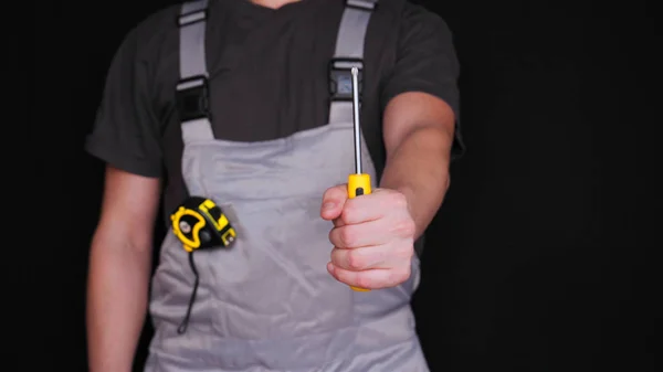 Mestre Construtor Reparador Segura Paquímetro Sua Mão Terno Especial Uma — Fotografia de Stock